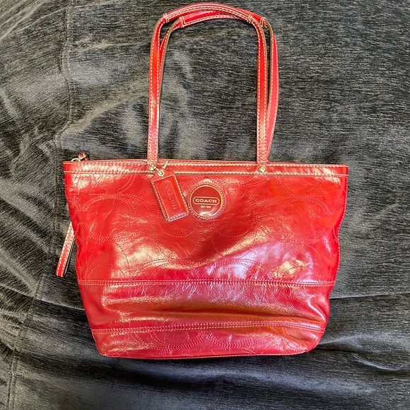 coach signature patent leather bright red tote - Picture 1 of 4